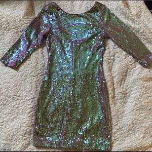 3/4 Sleeve Multicolor Iridescent Sequin Mini Dress